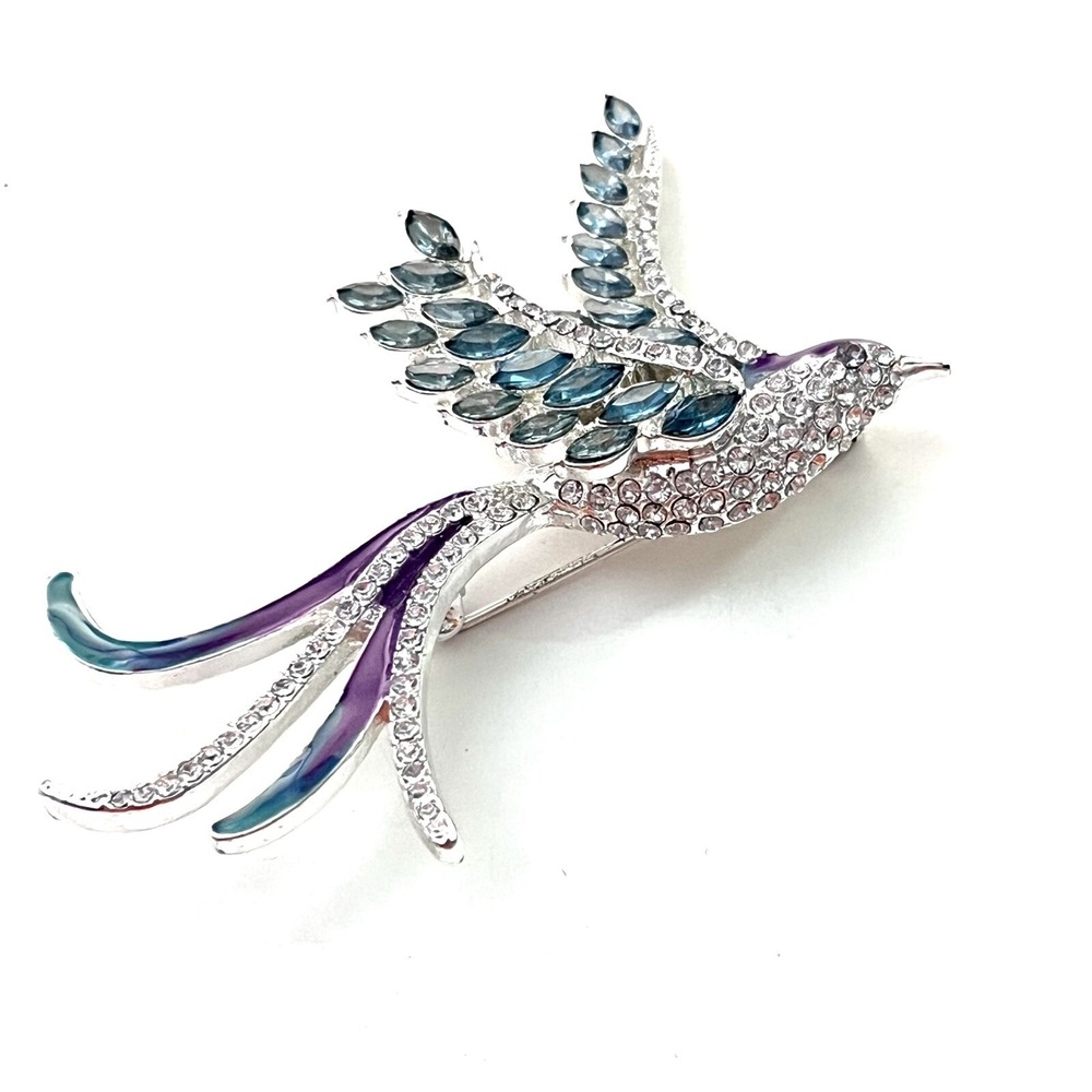 Vintage Swallow Bird Brooch Pin Silver Tone Teal Purple Enamel Pave Crystals - Picture 2 of 9